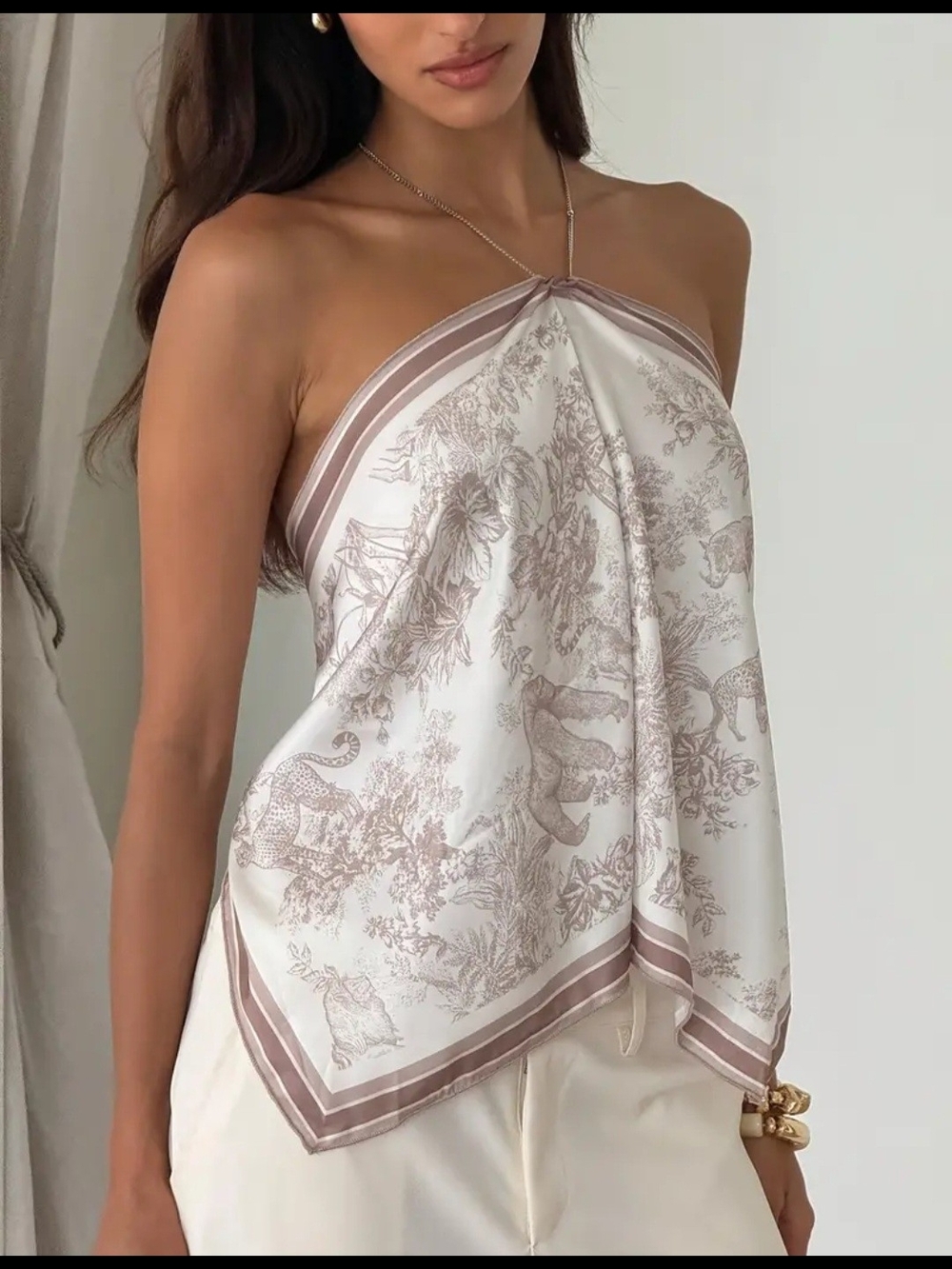 NWOT Silk-Feel Ivory & Taupe Print Halter Scarf Top